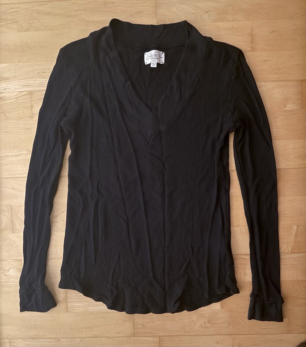 Terre Jacobs Feel The Piece V-Neck Long Sleeve Black Waffle Top Shirt M/L